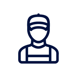 Icon of a person wearing a cap and overalls, depicted with simple lines.